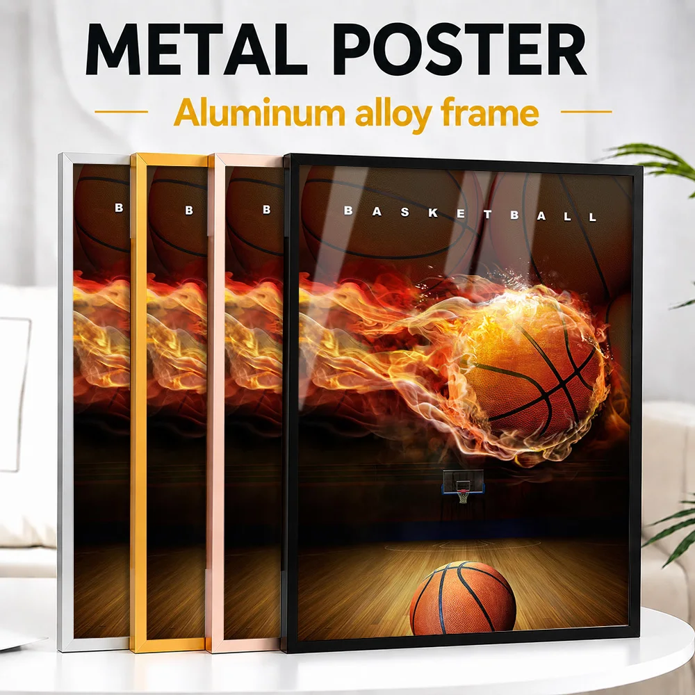 Fiery Basketball Framed Metal Poster Personalized Photo Vibrant Color Style Wall Art For Living Room Thoughtful Supporter Gift