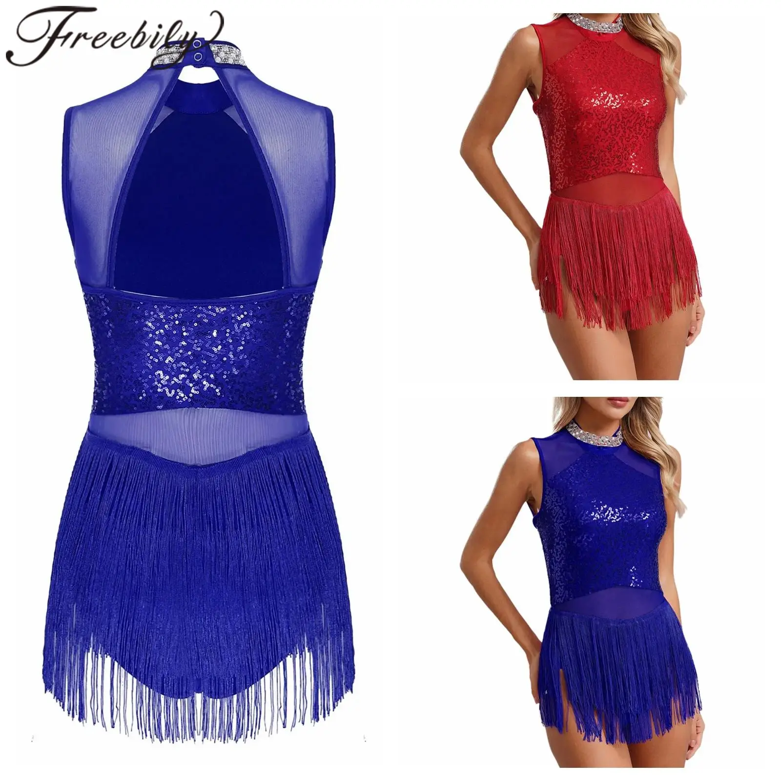 

Womens Sparkly Tassel Bodysuit Sequins Gymnastics Ballet Latin Dance Leotard Fringed Jumpsuits Jazz Dance Performance Costume
