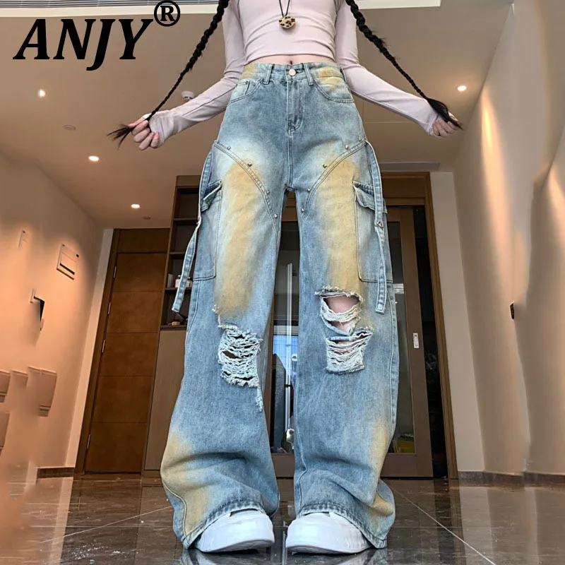 ANJY 2025 가을 신상 여성 미국 패션 찢어진 청바지 스트릿웨어 트렌디 슬림 포켓 스트레이트 카고 데님 팬츠 A11699