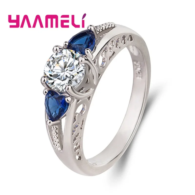 Exquisite 925 Sterling Silver Heart Shaped Blue Crystal Zircon Finger Rings for Women Anniversary Party Fashion Jewelry Gifts