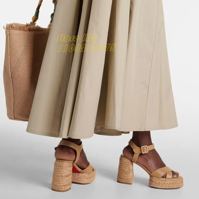 

Straw Round Toe Waterproof Platform Sandals Block High Heel Cross Strap Ankle Buckle Strap Open Toe Runway 2026 Summer Shoes