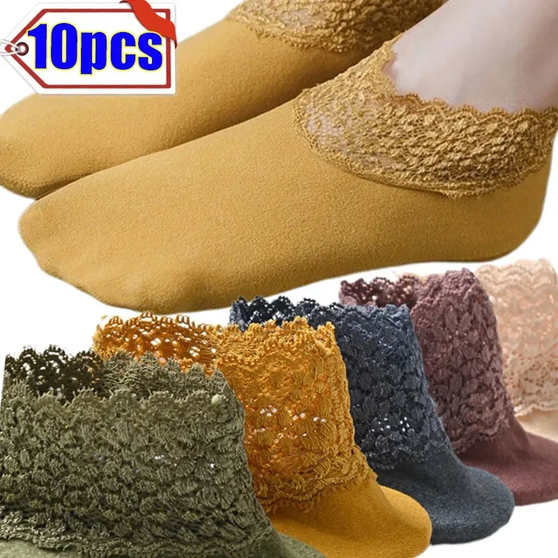 Women Low Lace Tube Thermal Socks Vintage Cute Thick Plus Velvet Warm Home Floor Socks Autumn Winter Anti-slip Sock Slippers