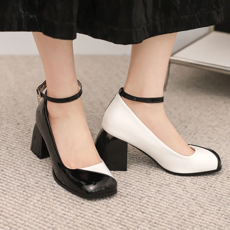 Spring and Autumn New Styles Fashion High Heels Women's Shoes Shallow Mouth Buckle Color Blocking Square Heel Women's Shoes