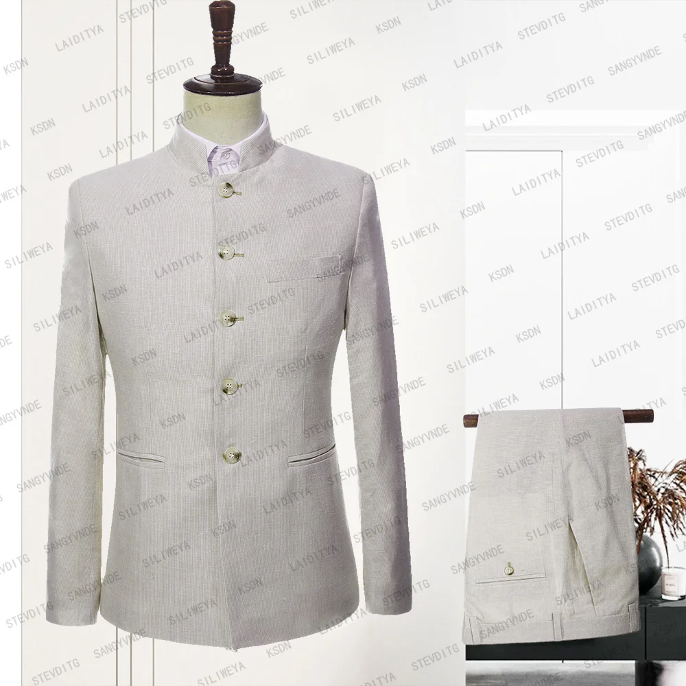 

Summer Men Suits Fashion Stand Collar Single Breasted Male Blazer High Quality Linen Slim Fit 2 Piece Beach Casual Daily Suit