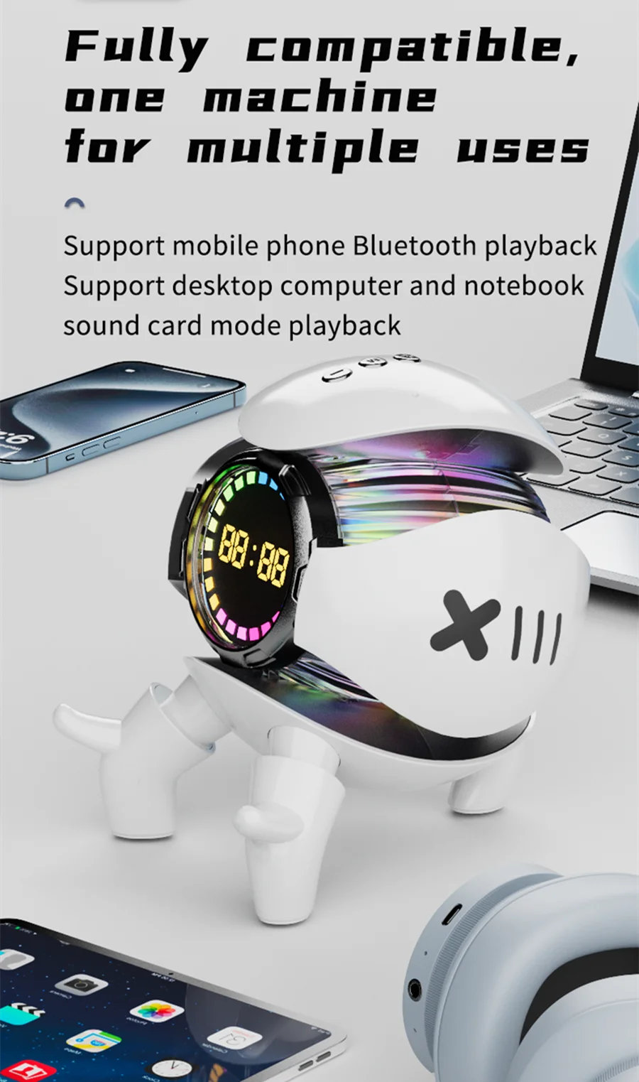 หุ่นยนต์มอนสเตอร์ลําโพงบลูทูธนาฬิกาปลุกสเตอริโอแบบพกพา AI Interactive Audio TF Card วิทยุ FM ลําโพงซับวูฟเฟอร์ไร้สาย