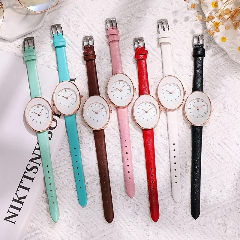 a las mujeres ovaladas minimalistas relojes simples elegantes señoras Reloj de pulsera de cuero de cuarzo Reloj Mujer Relogio sin pulsera