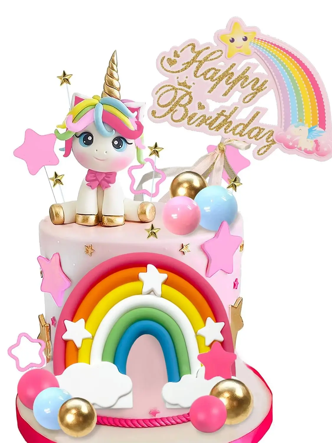 Einhorn-Kuchenaufsatz, Einhorn-Regenbogen-Kuchendekorationen mit Regenbogensterne, Einhorn-Kugeln, alles Gute zum Geburtstag, Kuchendekorationen – Detail 1