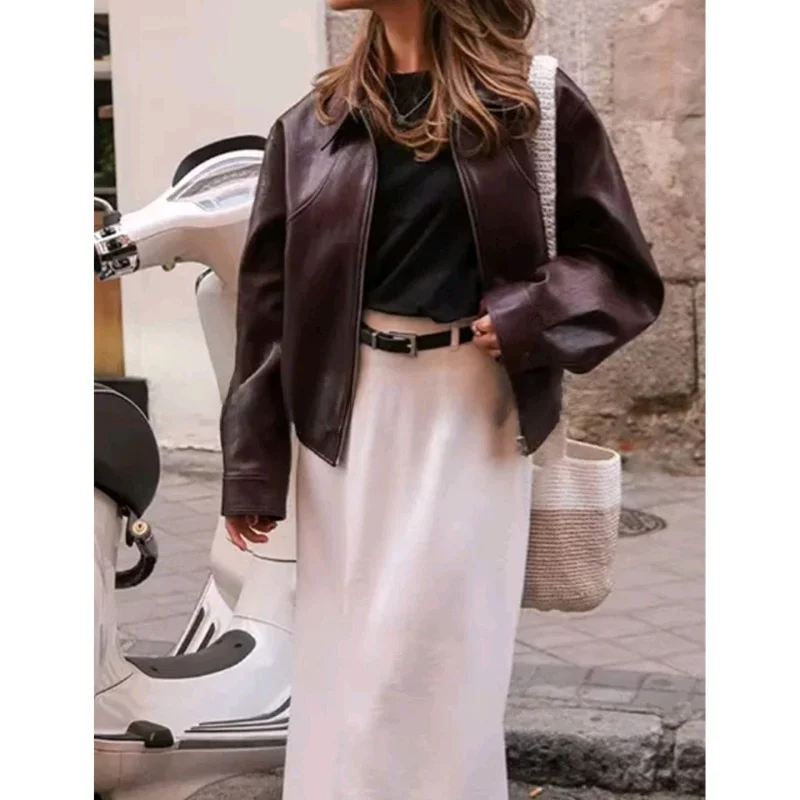 Cappotto invernale Jaet allentato in pelle artificiale con risvolto lungo da motociclista americano da donna nuova autunno