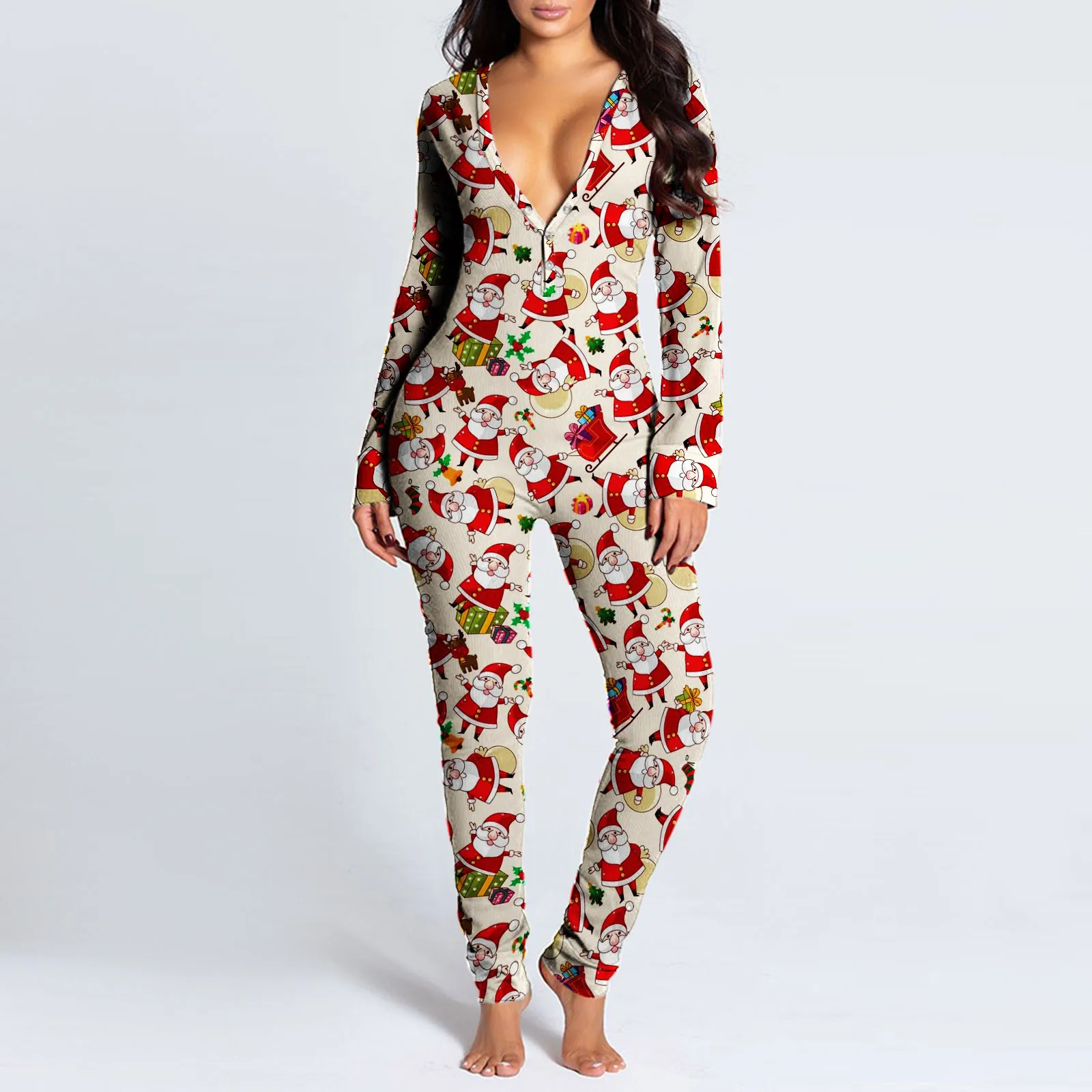 Women\'s Pajamas Christmas Printed Sexy Jumpsuit 2024 Fashion Casual Button Front Bottom Rear Hip Opening Flip Jumpsuits