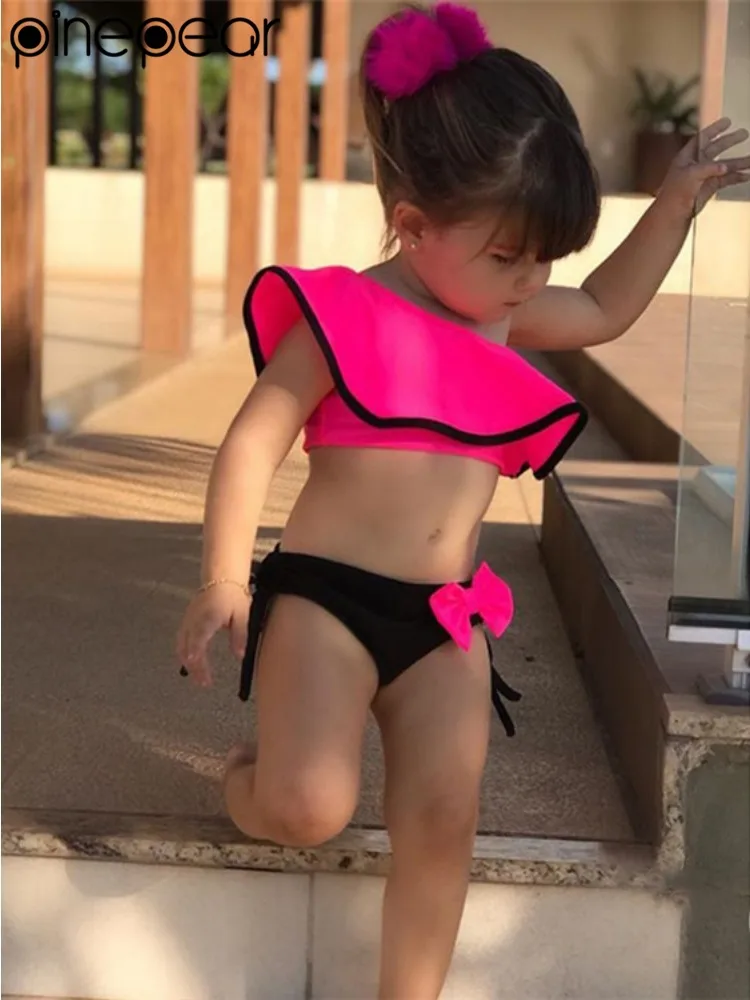 2-6Y New Fashion Kid Bow Tie Design Bikini Set Lovely Two Pieces Child Swimwear Cute Girl Flouncing Swimsuit Summer Beachwear