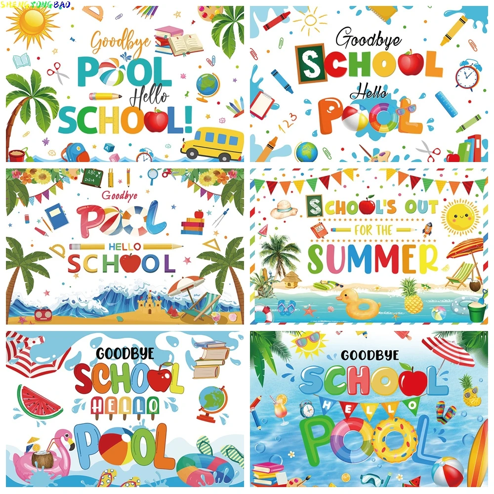 

Goodbye School Hello Summer Backdrop Soaked Swimming Colorful School Supplies Palm Trees Party Decor Cake Portrait Background