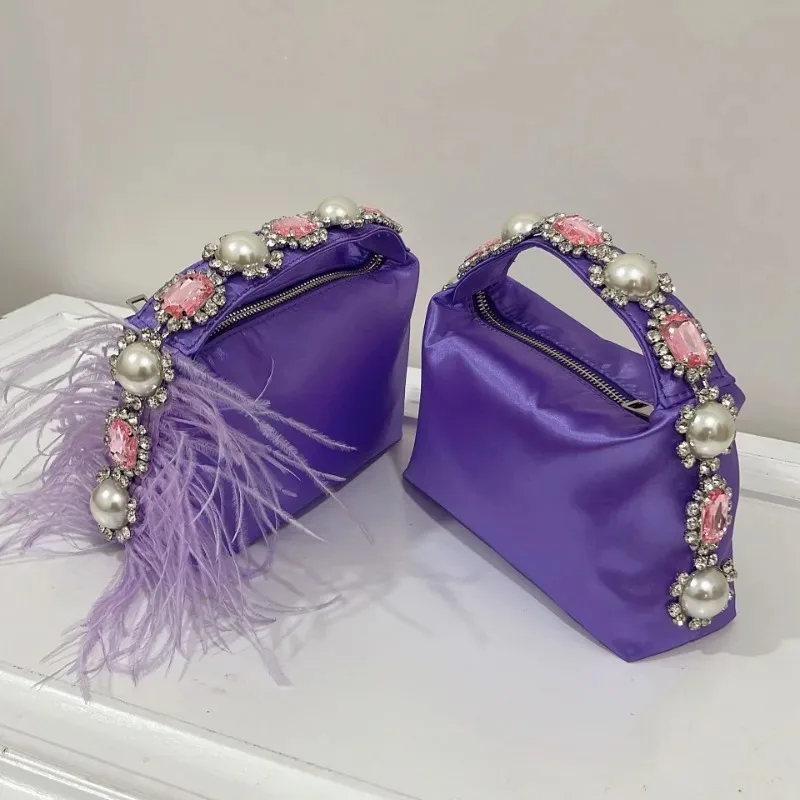 Luxury Purple Evening Purse for Women Rhinestone Ostrich Fur Pearl Satin Bucket Bags Elegant Wedding Party Handbag Designer Bags