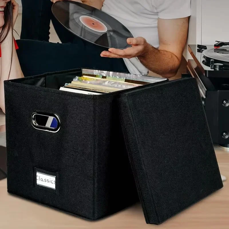 Vinyl Record Storage Box for 50+ 12-Inch LP Albums Foldable Fabric Crate with Lid