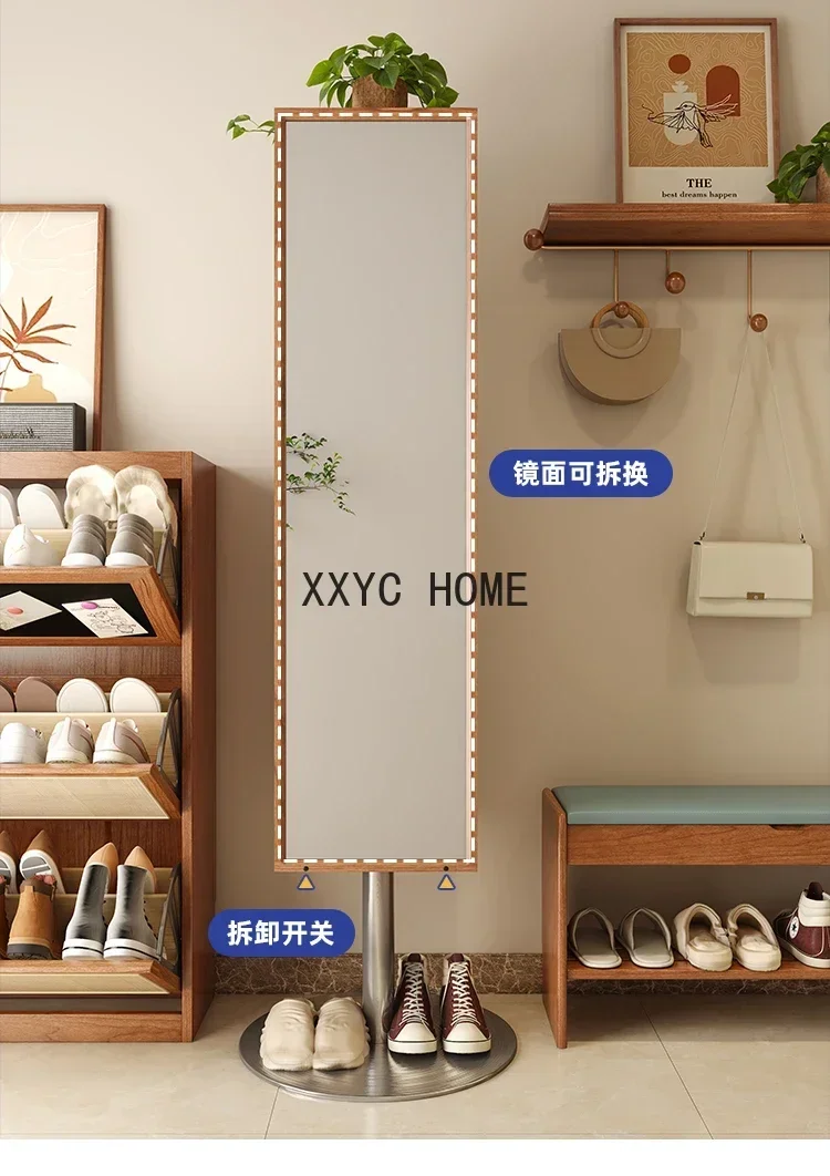 Solid Wood Dressing Storage Rotatable Floor Household Cherrywood Multi-Functional Invisible Vertical Covering Full-Length Mirror