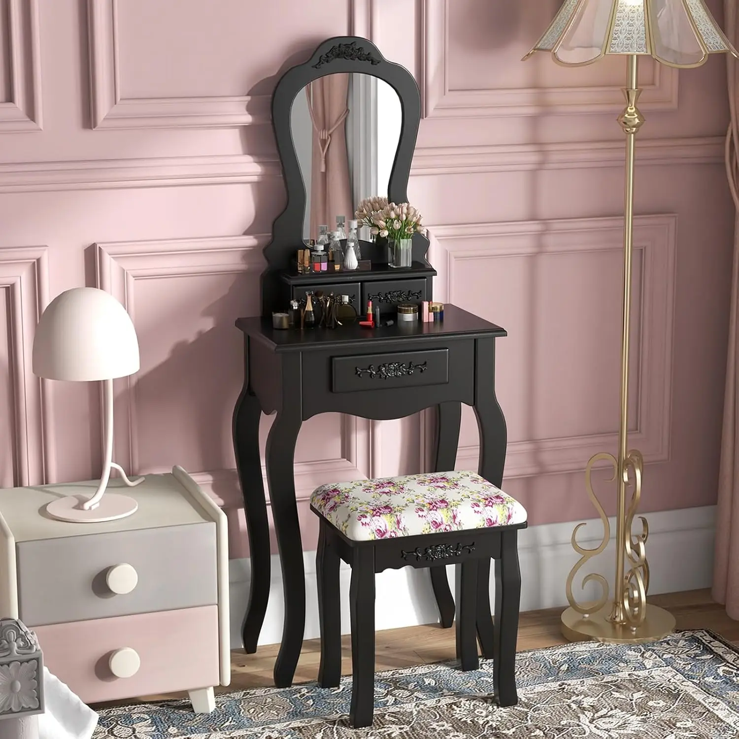 

Small Vanity Desk Set, Black Makeup Vanity Table with Mirror, Cushioned Stool, 3 Storage Drawers, 20 inch Girls, Customized