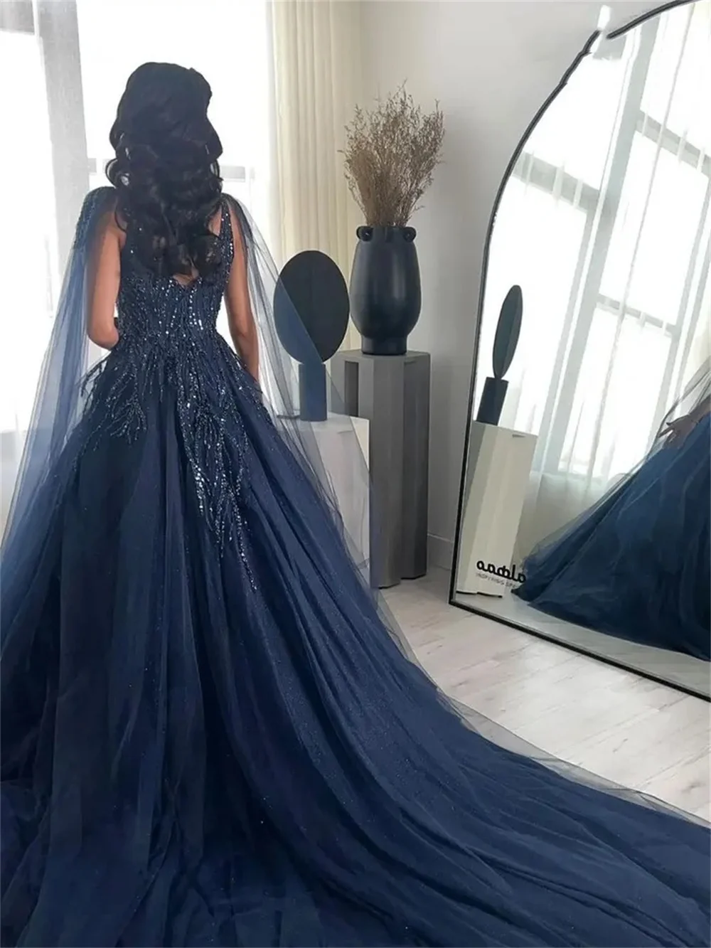 Jessica-Vestidos de Noche árabes de Dubái, traje de tul azul marino con purpurina, 2024