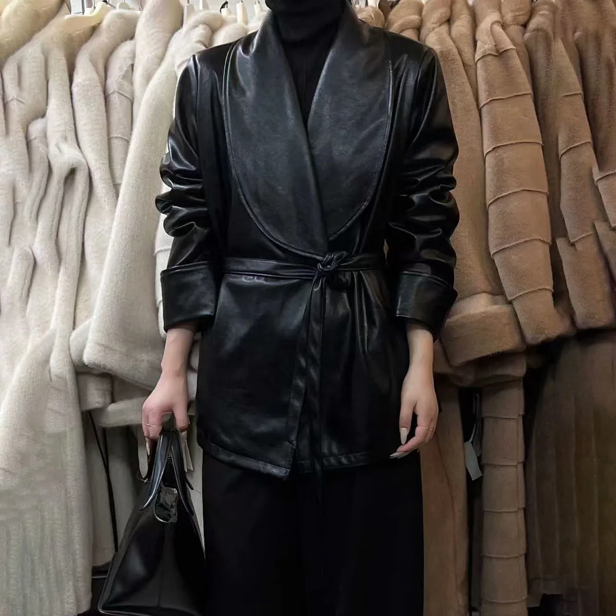 BJTZ, solapa con muescas, cinturón en la cintura, abrigo de cuero PU, gabardina gruesa de invierno para mujer, prendas de vestir exteriores elegantes y cálidas para otoño