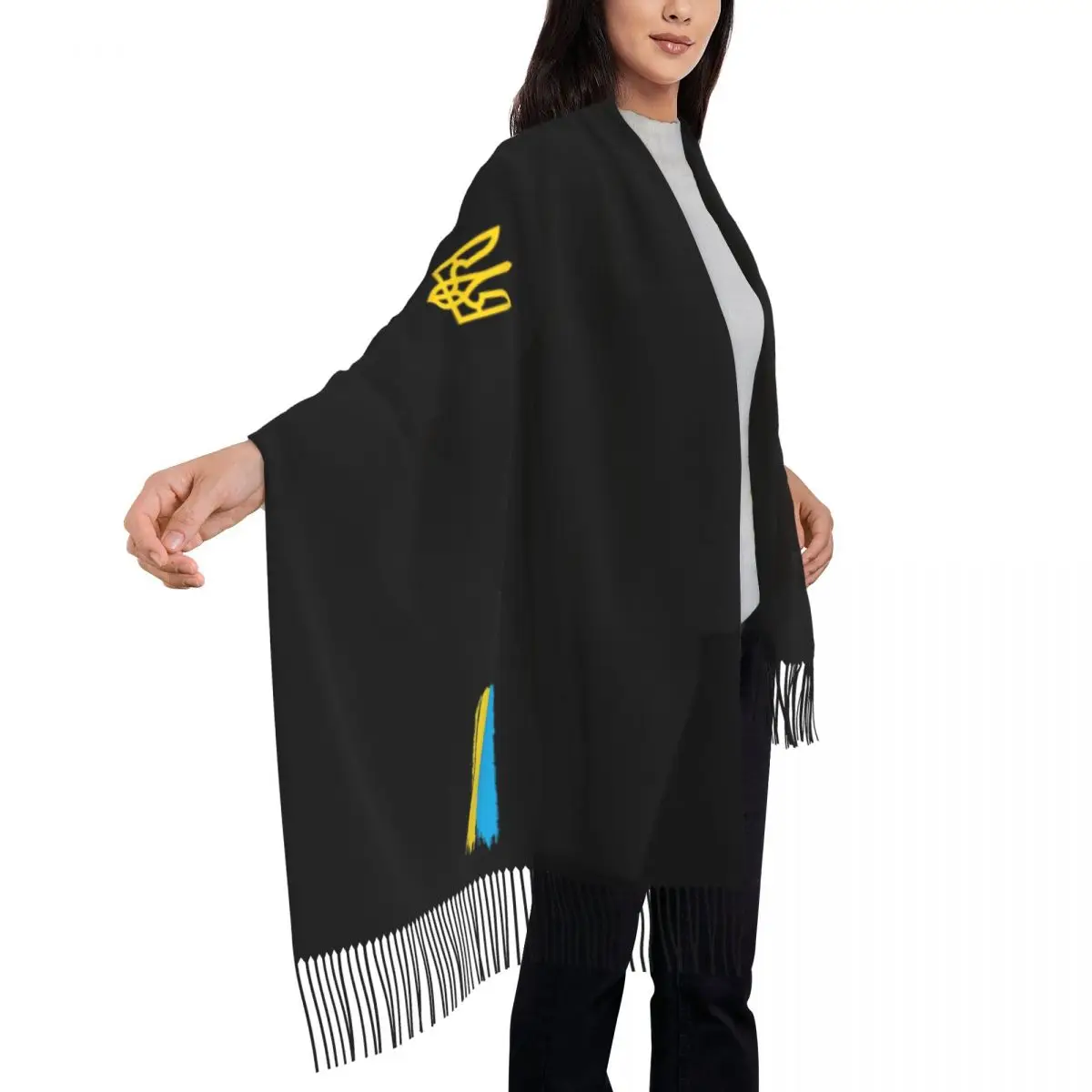 Bufanda de borla de rayas de bandera de Ucrania para mujer, chal cálido de invierno, abrigo de dama, pañuelos de Tryzub, elegante