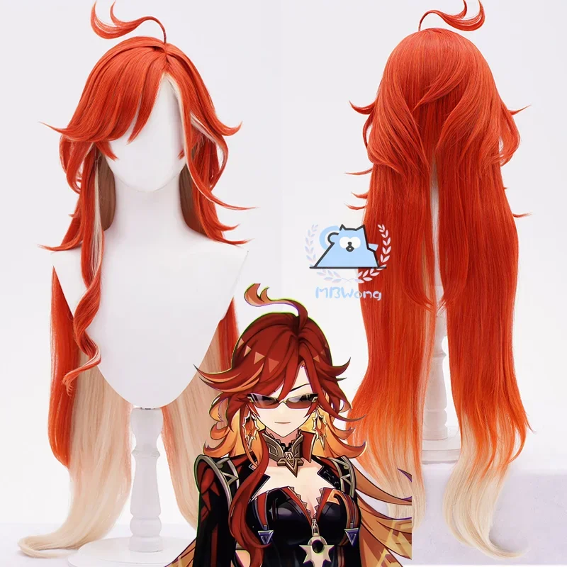 Game Genshin Impact Mavuika Cosplay Wig Red Gradient Color Curly Wig Hair Slices Heat-resistant Fiber Hair Halloween Party Props