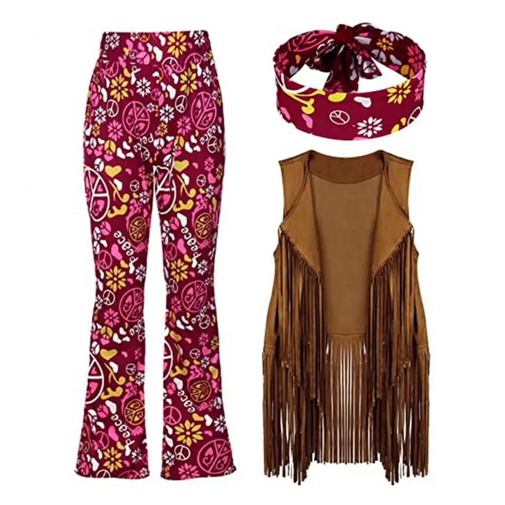 Retro 70s Style Women Outfit Retro Flared Pants Tassel Waistcoat Headband Two Pieces Set Nightclub Dance Trendy Boho Bottoms Set