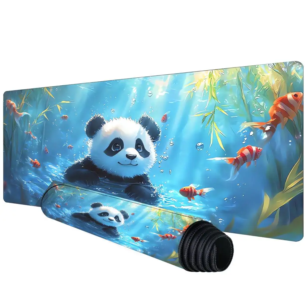 

Cute Cartoon Panda Fish Mouse Pad Green Large Computer Keyboard Pads Natural Rubber Anti-Slip HD Gaming Mousepads Long Desk Mat