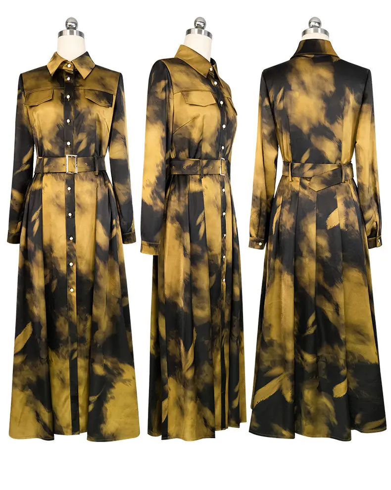 Spring Fall Women Elegant Fashion High Waisted Sash Coffee Imitation Silk Long Dress , Woman Slim Designer Dresses