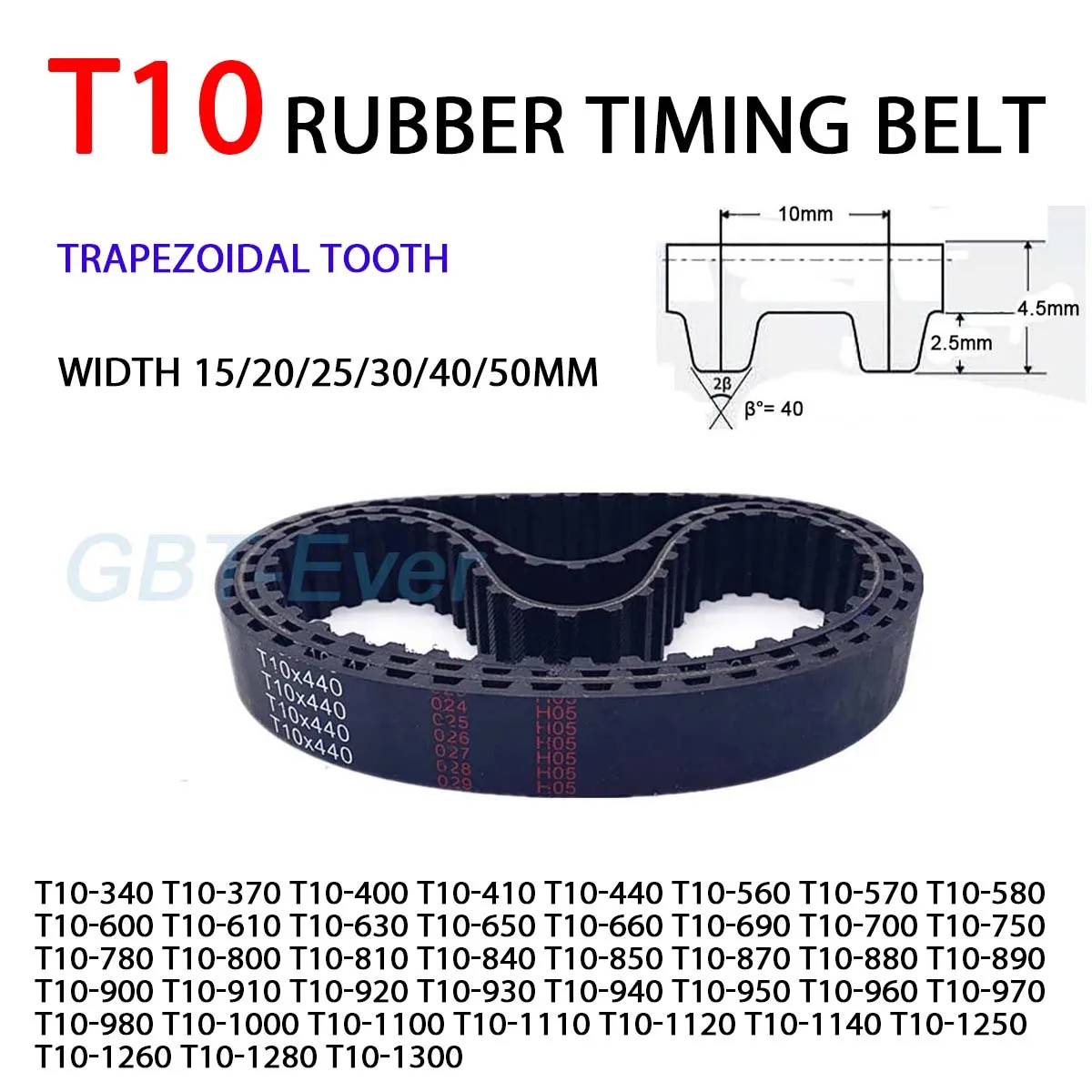 1Pcs T10 Rubber Timing Belt Width 15/20/25/30/40/50mm Perimeter 340/370/400/410/440/560 ~ 1300mm Closed Loop Synchronous Belt