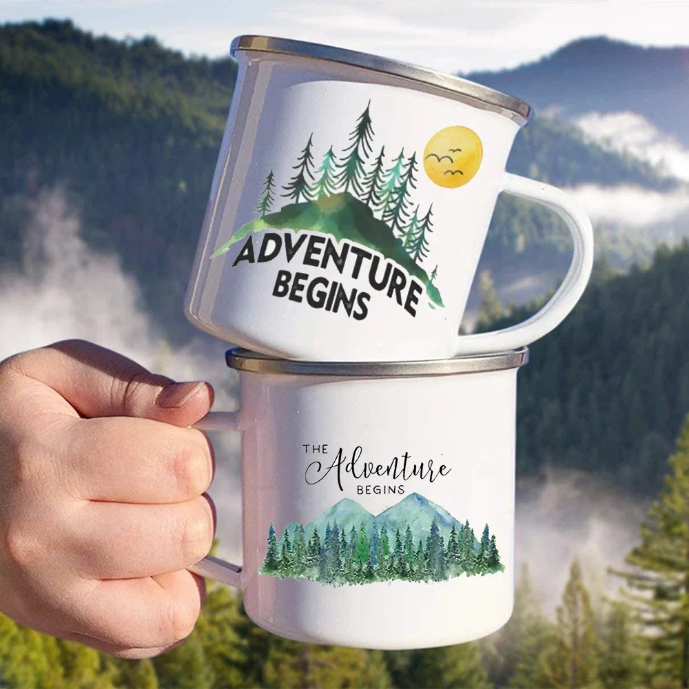 Adventure Begins Mountain Printed Enamel Creative Coffee Water Cups Camping Mugs Handle Drinkware Campfire Party Mug Idea Gifts