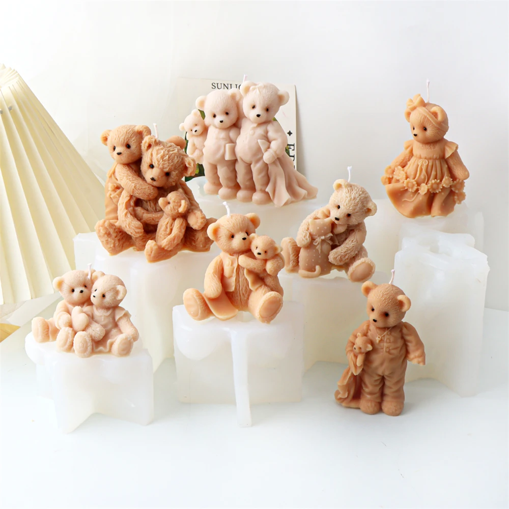 3D Bear Family Candle Mold DIY Teddy Bear Scented Candle Plaster Mold Animal Soap Resin Making Tool Home Decor Handmade Gifts