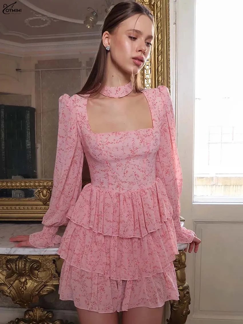 

Oymimi Fashion Pink Print Womens Dresses Elegant Square Neck Long Sleeve Lace-Up Dresses Casual High Waisted Pleated Mini Dress