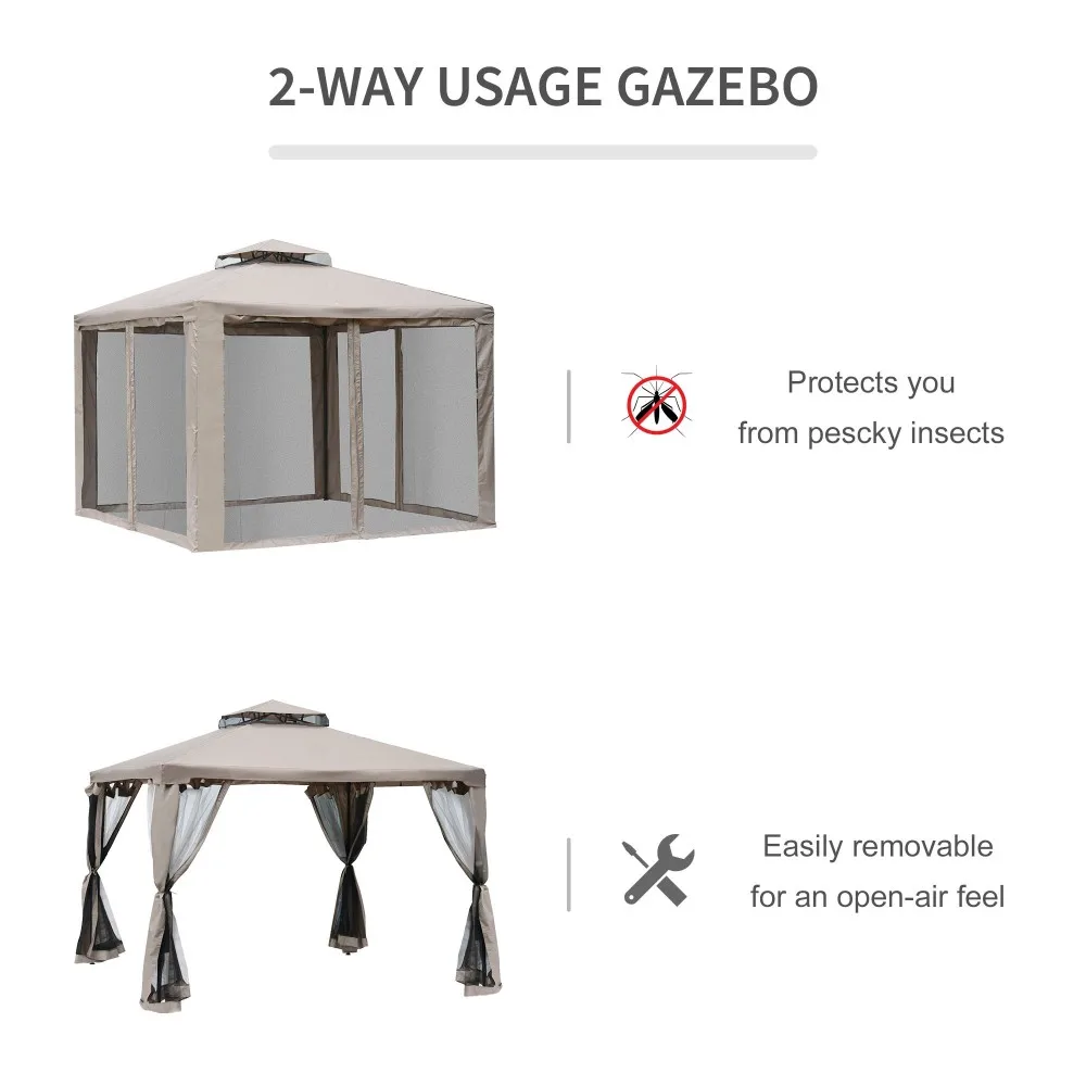 Patio Gazebo, Outdoor Canopy Shelter with 2-Tier Roof and Netting, Steel Frame for Garden, Lawn, Backyard, and Deck, Taupe