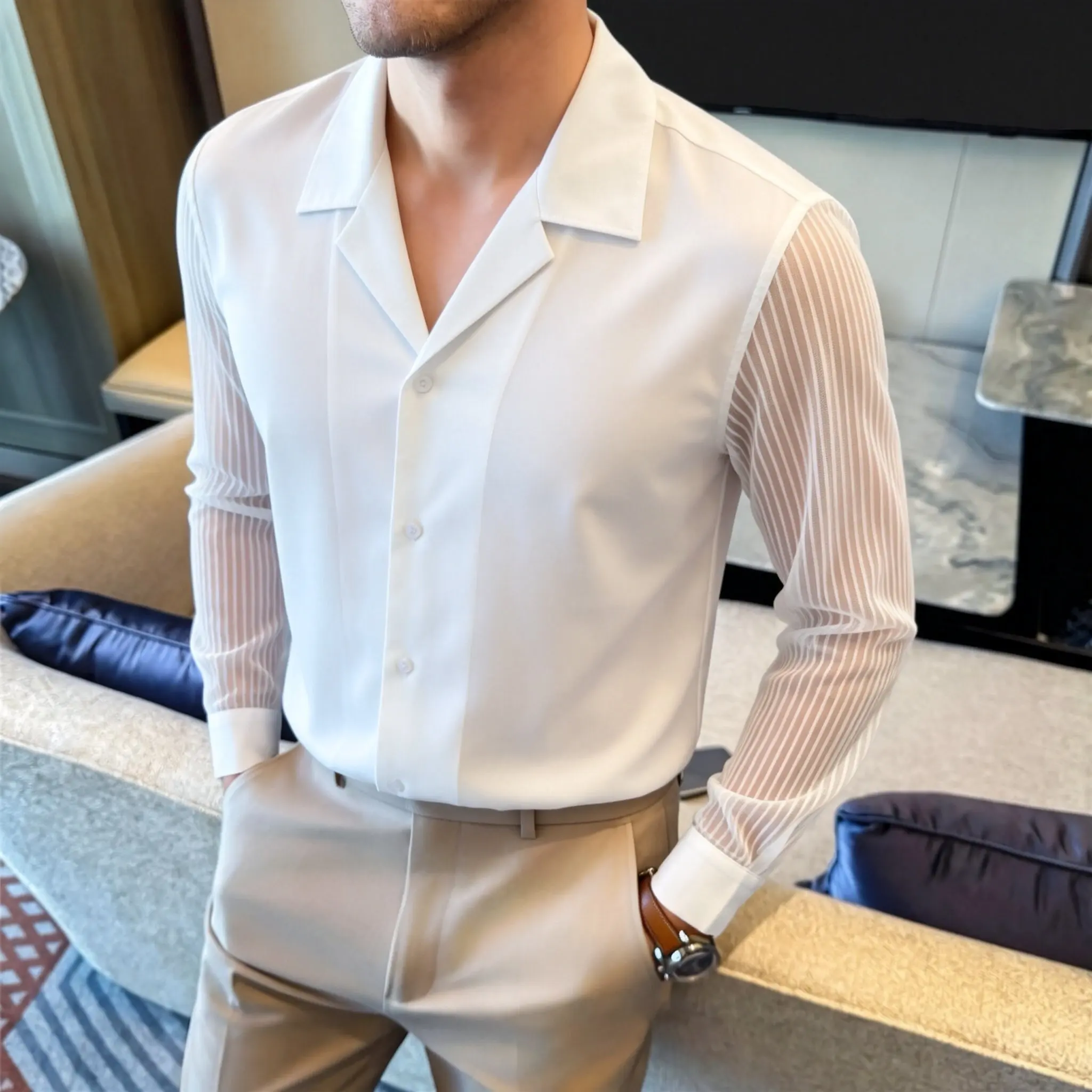 Korean Lace Sleeve Splicing Shirt Men Suit Collar Long Sleeve Casual Shirts Slim Social Nightclub Party Stage Performance Shirt