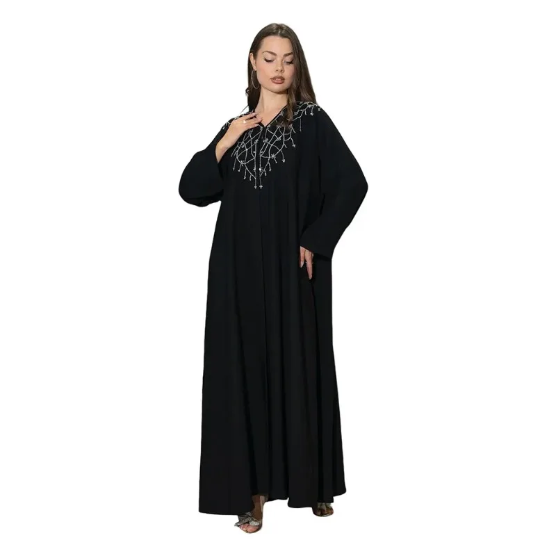 

Elegant Dubai Abayas for Women Diamonds Muslim Evening Dress Kebaya Caftan Marocain Femme Robe Musulmane Jalabiya Black Abaya