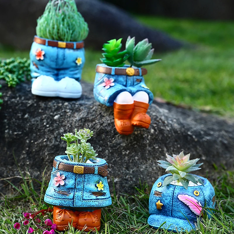 1Pc Jeans Pants Shape Flower Pot Resin Statue Crafts Succulent Pot Flower Planter For Indoor Garden Yard Lawn Porch Patio