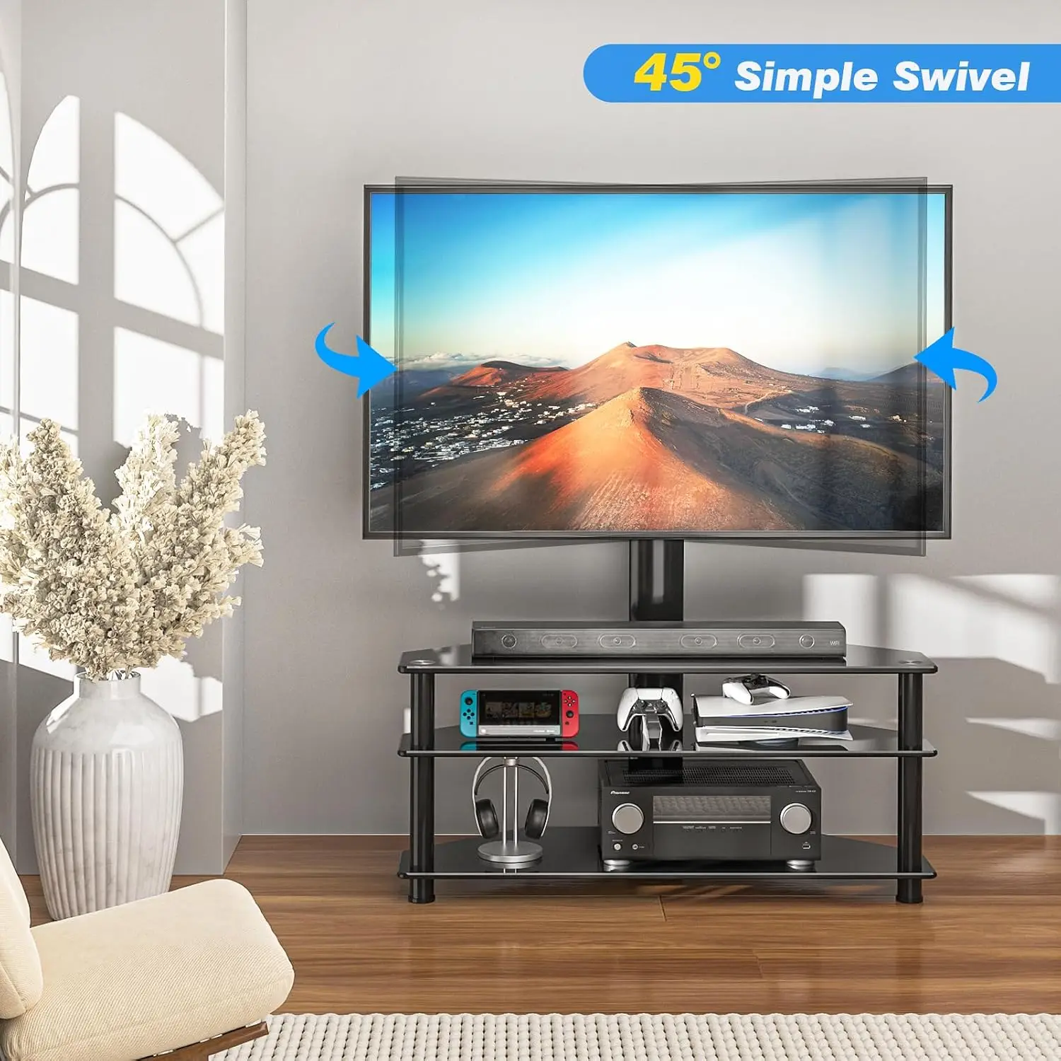 Corner Swivel Glass TV Stand Mount for 32-70 Inch TV up to 110lbs