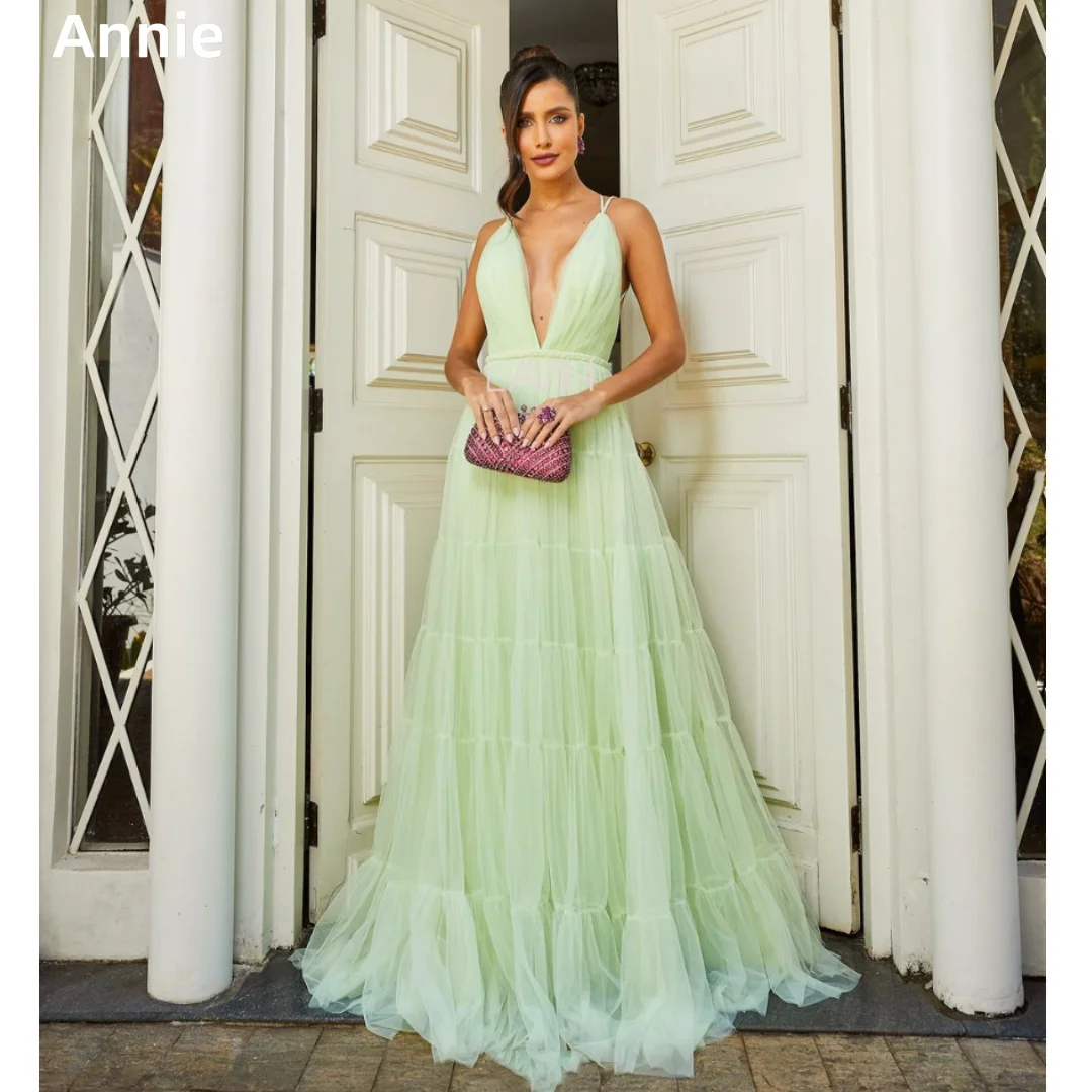 Annie Pale Green Wedding Dress The Tulle A-line Is Elegant Prom Dresses Deep V-neckline And Open Back Bespoke Occasion Dresses