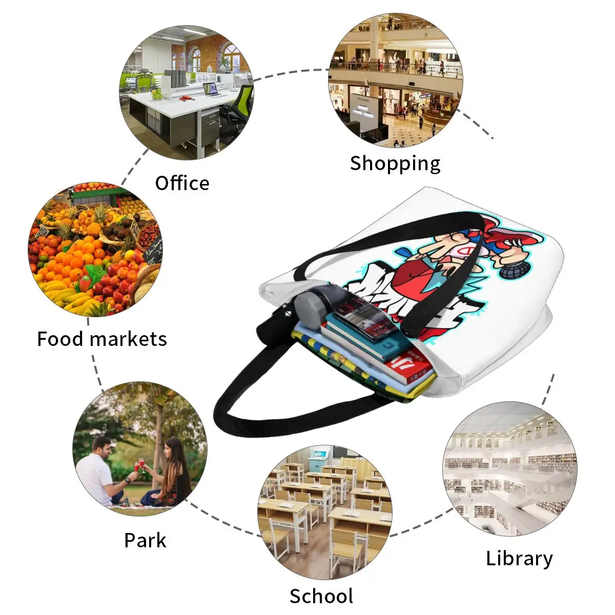 حقيبة تسوق Friday Night Funkin من القماش ذات سعة كبيرة وحقائب كتف للمتسوقين وحقيبة يد للبقالة للنساء