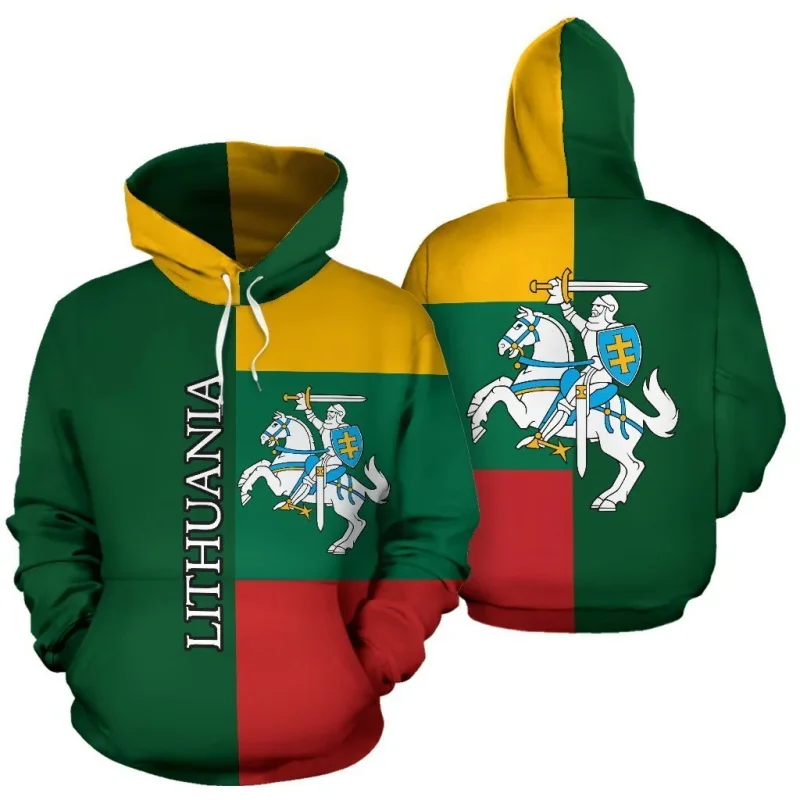 3D Print Lithuania Flag National Emblem Hoodie For Men Long Sleeve Pullover Sweatshirt Hooded Tracksuits Male Jacket Coat