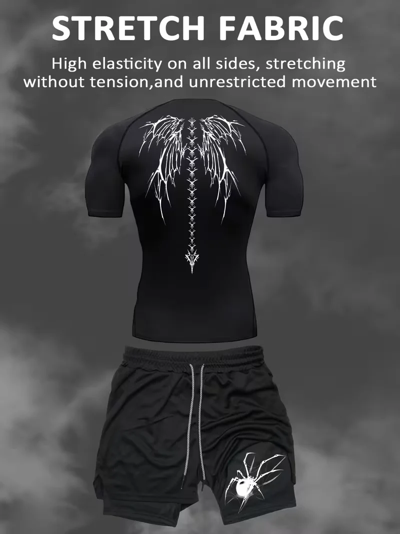 

New men's slim fit suit quick drying round neck quick drying sports T-shirt+double-layer pants gym running hiking football sport
