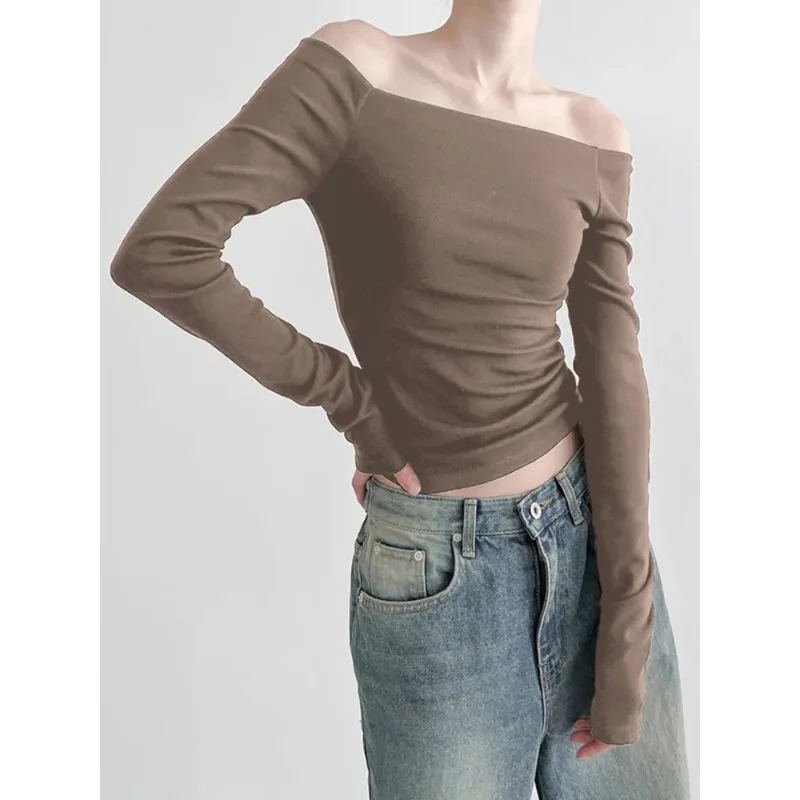 Solid Slash Neck Elegant Long Women Sleeve Tops  Fashion Slim Sexy Cropped T Shirt Women Fall Clothing