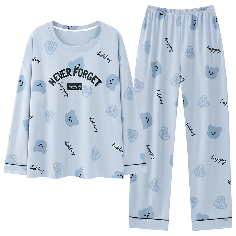 Women knited Cotton Pajamas Set Cute Cartoon Long Sleeve Sleepwear 2 Piece Set With Chest Pad