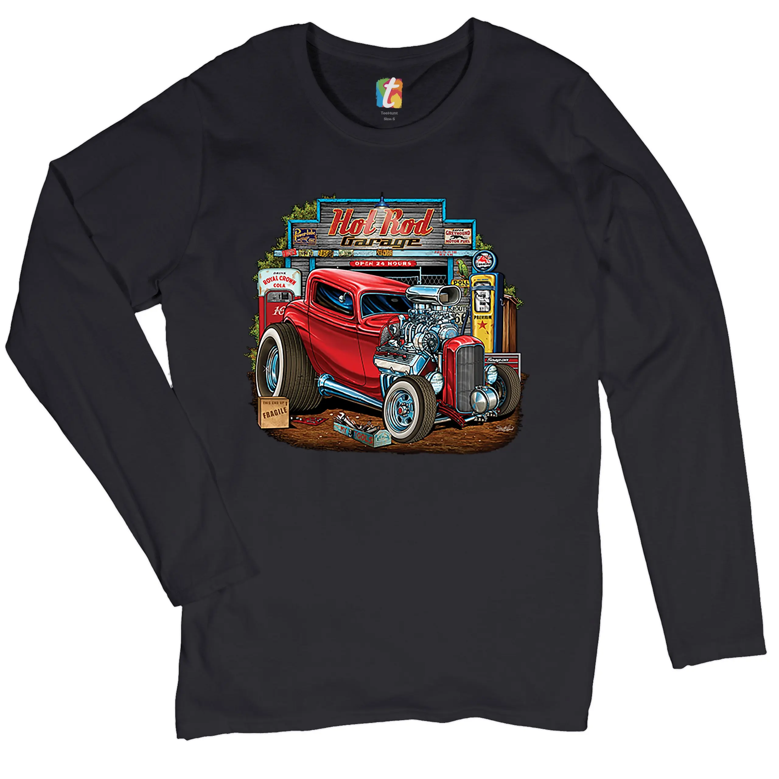 Hot Rod Garage Women's Long Sleeve T-shirt Route 66 Vintage Drag Racing Car