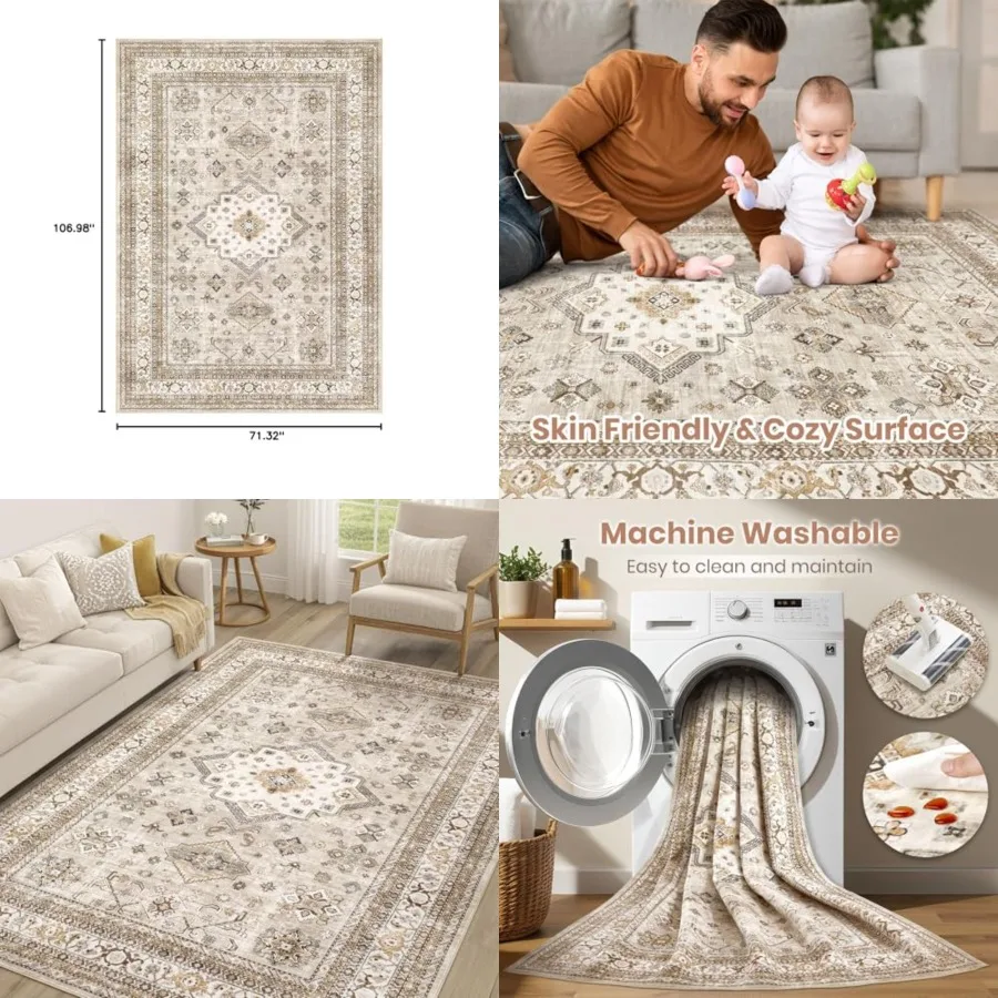 

Vintage Living Room Area Rug 6x9 - Large Soft Washable Oriental Traditional Distressed Farmhouse Rugs for Bedroom - Indoor Floo