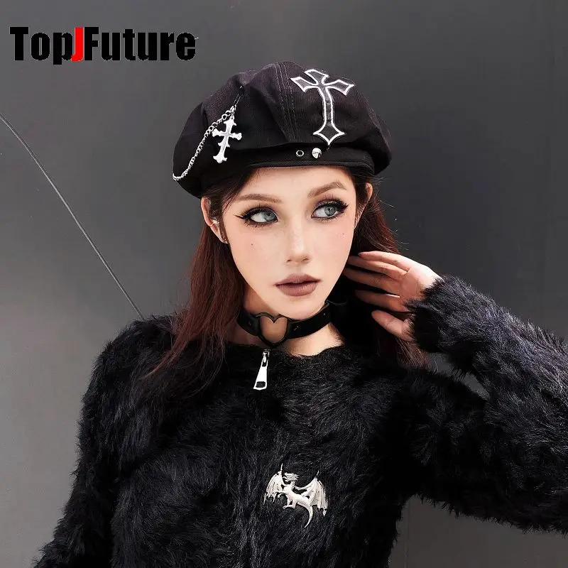 Abby Women  Japanese Harajuku Y2K Versatile Girls  Hat Gothic  Chain cross Winter Warm rivet  hat keep warm black Beret Hat