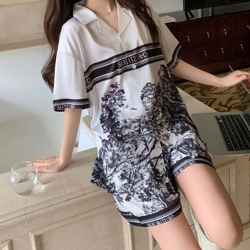 summer Women's Pajamas Set Luxury Satin Silk Pyjamas Short Sleeve Ink painting printing Sleepwear casual Home Clothes for Women