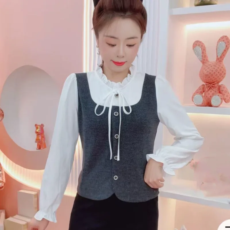 Camisa con pendiente de pajarita de dos piezas falsa de estilo coreano con estilo de otoño falso para mujer