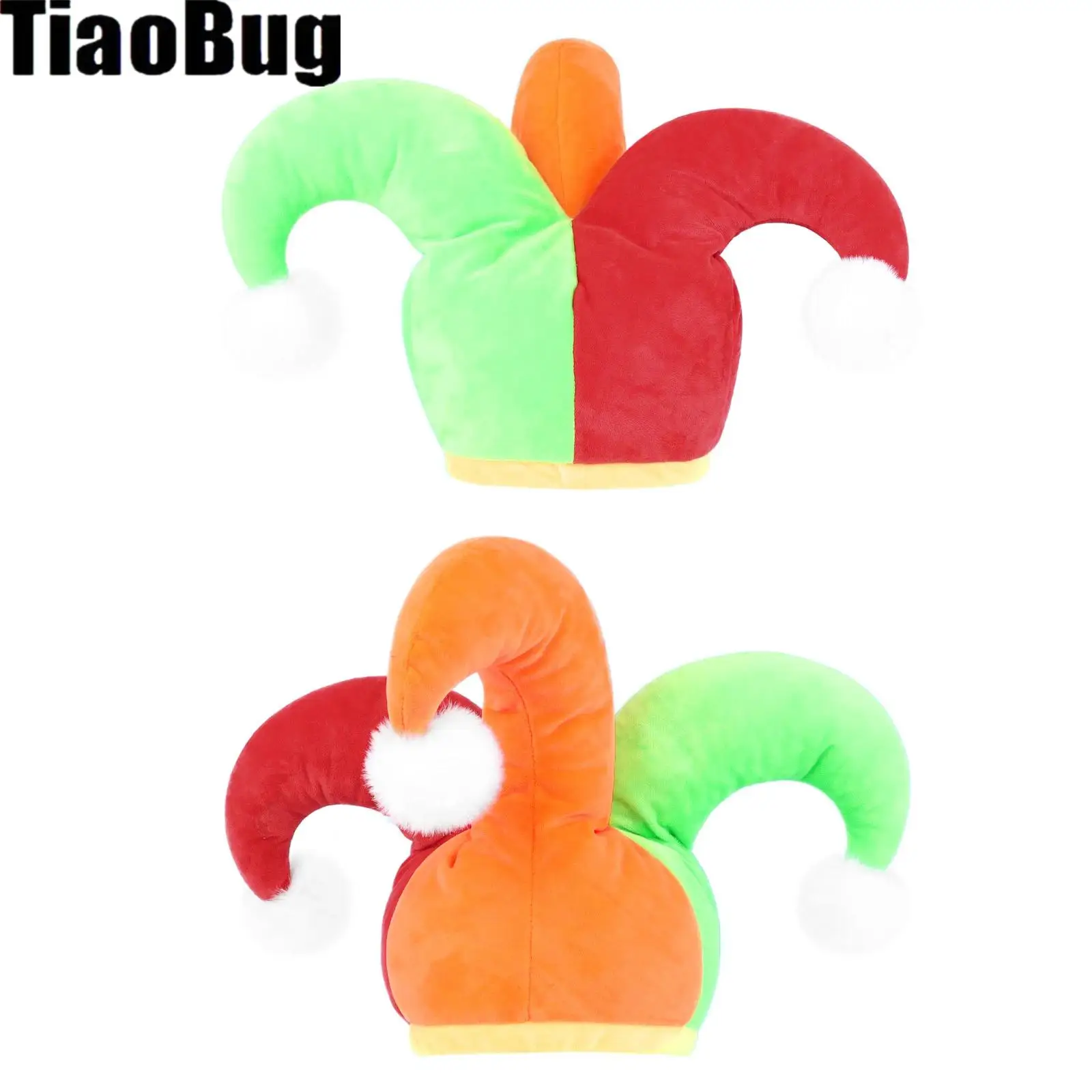 Unisex Adults Contrast Color Brimless Clown Hat Cap with Pompoms for Jester Themed Party Cosplay Stage Performance Halloween