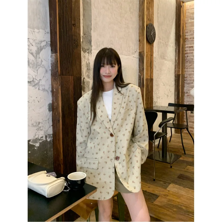 

Женский модный универсальный льняной пиджак с мелким цветочным принтом, корейский стиль, повседневный, с длинным рукавом, на одной пуговице, коллекция Весна 2026