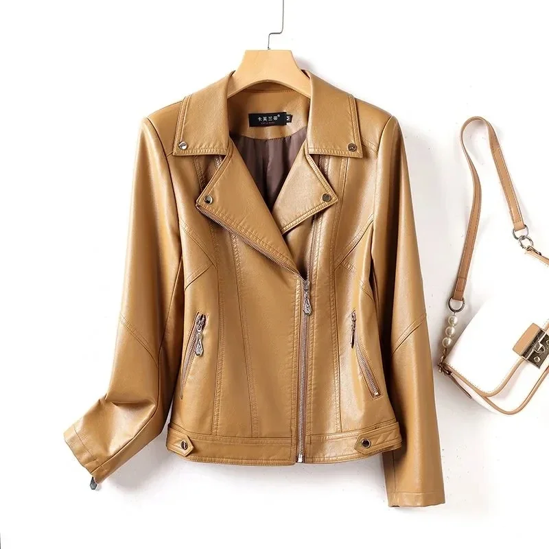 Jaket Kulit Domba Musim Semi Gugur Wanita Model Lokomotif Slim Berbahan Kulit Corium dengan Rivet, Kerah Jas, Ritsleting, Jaket Pendek XQ17