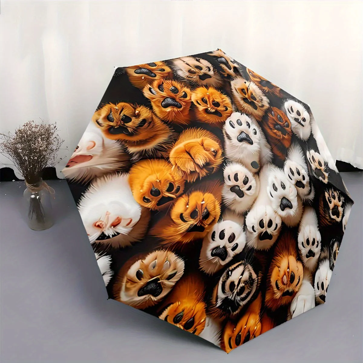 

Automatic Open/Close Umbrella with Cute Cat Faces & Paw Prints - Compact Folding Umbrella, Portable Collapsible Design, All-Se